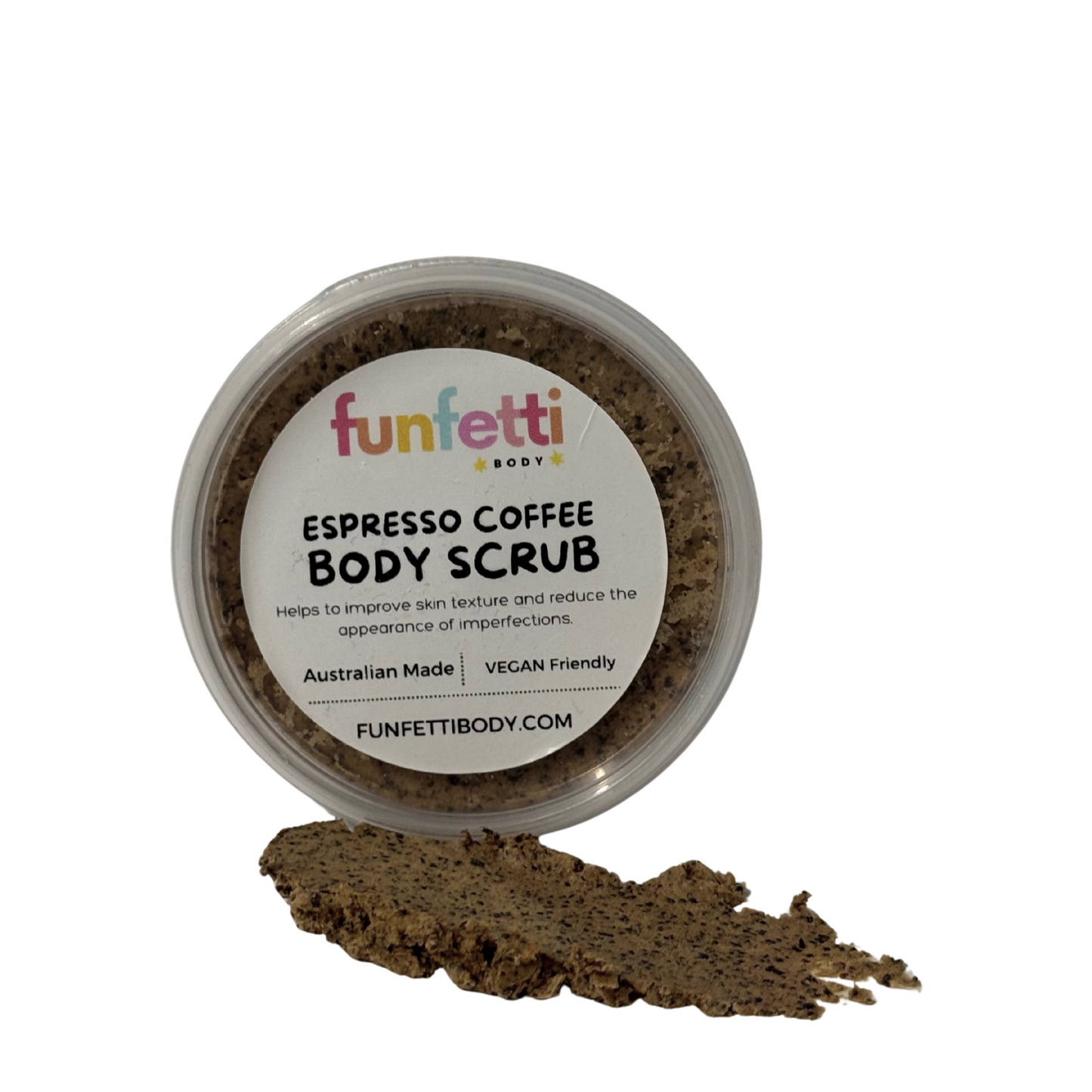 Espresso coffee body scrub with 'funfetti' branding on a white background