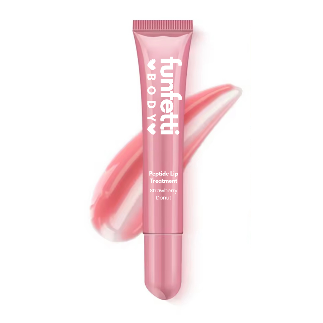 Pink lip treatment tube with 'funfetti' branding on a white background